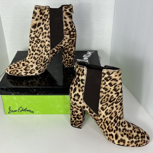 New Sam Edelman Bootie Size 8.5 Brown Leopard Calf Hair Chelsea Heels Boots - Picture 3 of 12